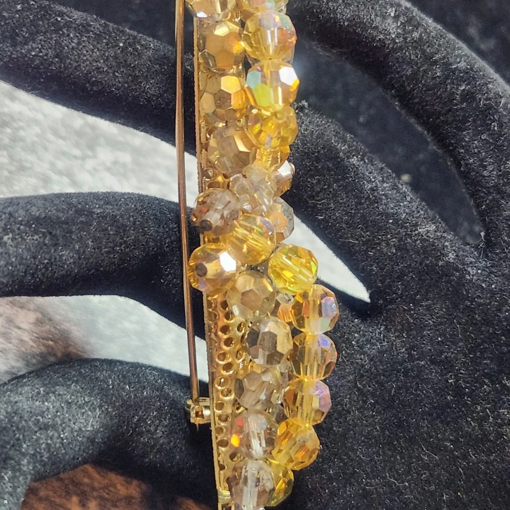 Vintage Amber AB Crystal Bead Bar Brooch Gold Tone Iridescent Cluster Pin